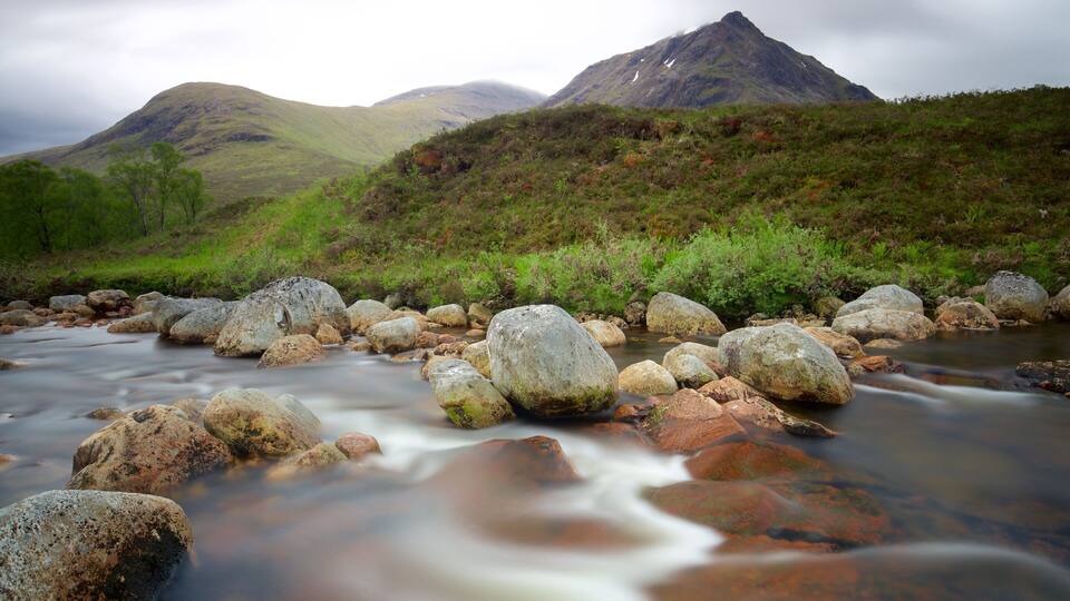A river with large rocks, a mountain, and green vegetation.