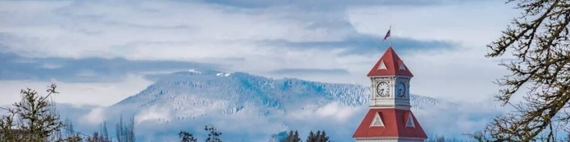 “A wintry day in Corvallis.”
The Benton county courthouse (1888) is the oldest courthouse in Oregon being used for its original purpose.
In the background is Marys Peak (4001 ft), the tallest mountain in Oregon’s Coastal range.
(Photo is being featured on the oregon.gov webpage, June 2018).
