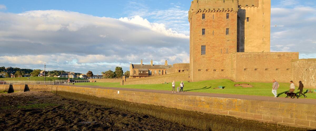 A historic castle with a tall tower, surrounded by a moat and grassy areas.