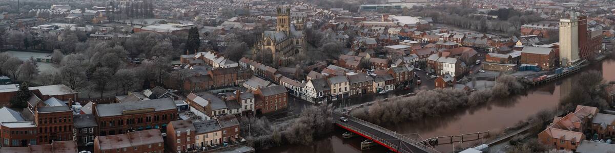Aerial view of the North Yorkshire market town of Selby at sunrise