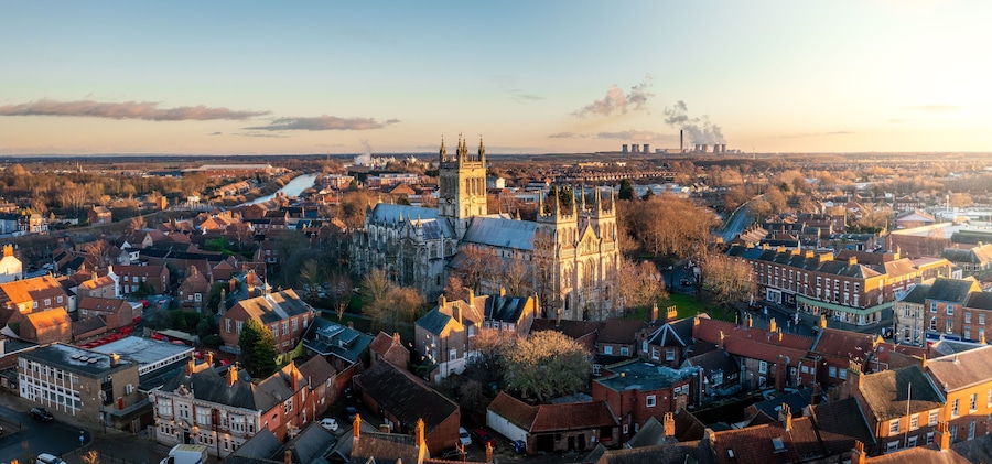 Aerial panoramic landscape of the North Yorkshire market town of Selby, UK