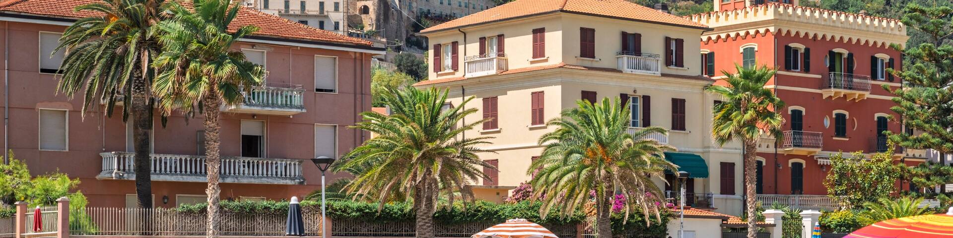 Grottammare: the 20th century villas in front of the sea and the medieval village at its back, Ascoli Piceno, Marche, Italy