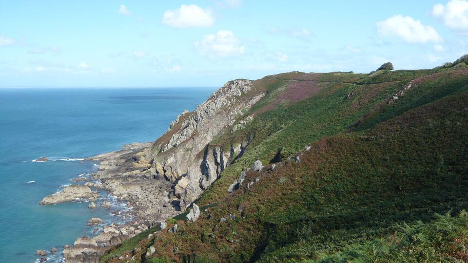A coastal landscape with rocky cliffs and green vegetation.