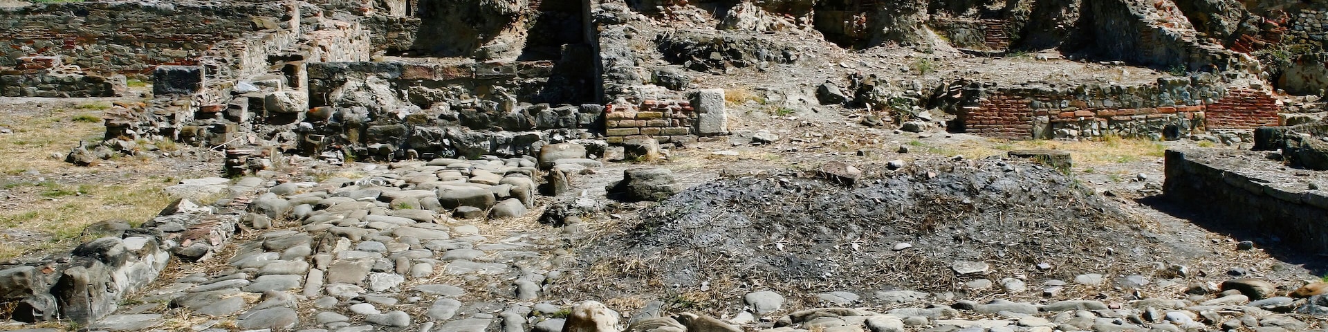 Ancient ruins with stone pathways and brick structures.