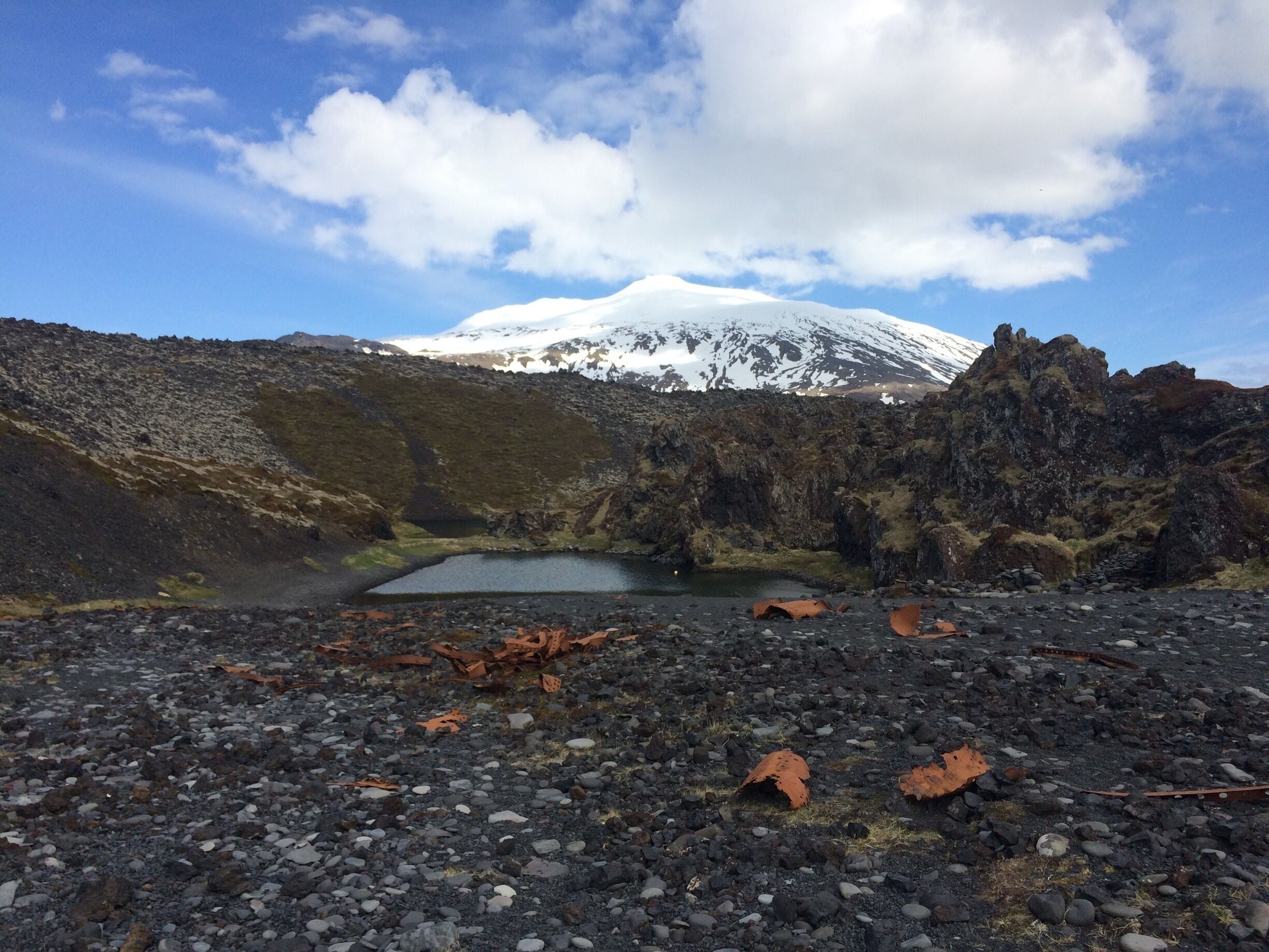 The black sand beach of Djúpalónssandur is littered with the iron remains of a British trawler that was wrecked in the area in 1948.