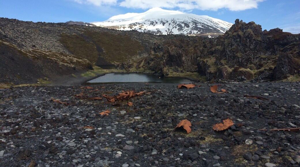 The black sand beach of Djúpalónssandur is littered with the iron remains of a British trawler that was wrecked in the area in 1948.