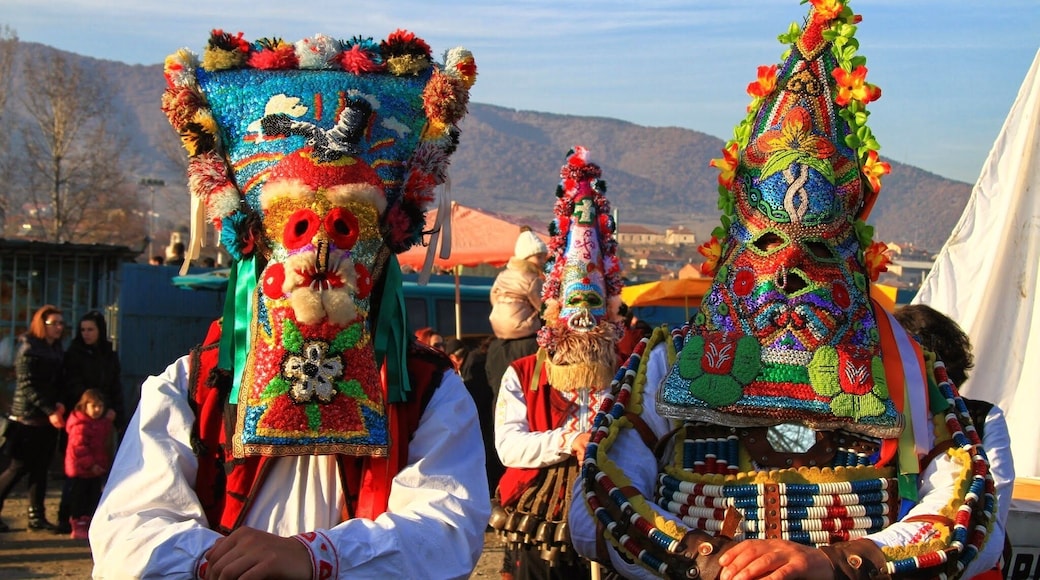 An old tradition in Bulgaria, in the beginning of the year, when people in carnival clothes scare devils. This one's are from Karlovo and have unique colored masks.