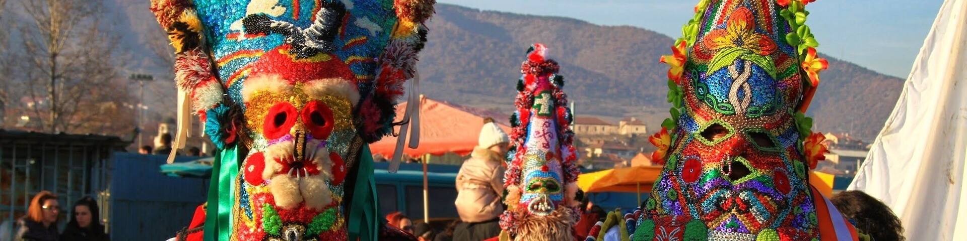 An old tradition in Bulgaria, in the beginning of the year, when people in carnival clothes scare devils. This one's are from Karlovo and have unique colored masks.