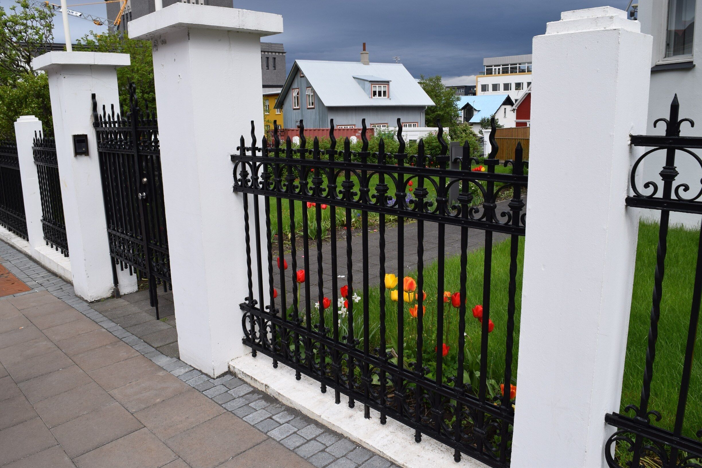 Spotted in downtown Reykjavik. Thought the contrast between the black and white fence and the colours of the flowers made the photo pop.