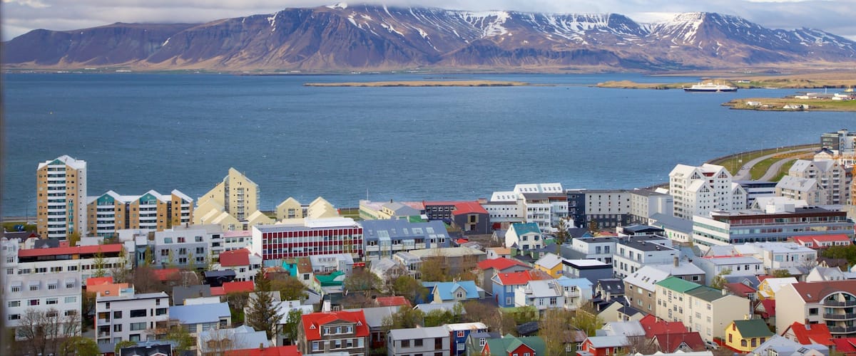 Reykjavik showing mountains, a city and a coastal town