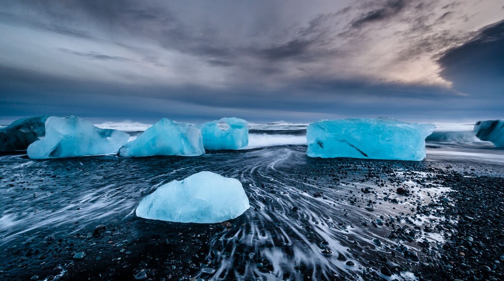 Glacier on black volcanic beach, Iceland. Vatnajokull glacier lagoon
