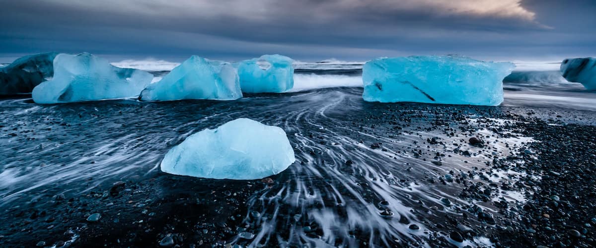 Glacier on black volcanic beach, Iceland. Vatnajokull glacier lagoon