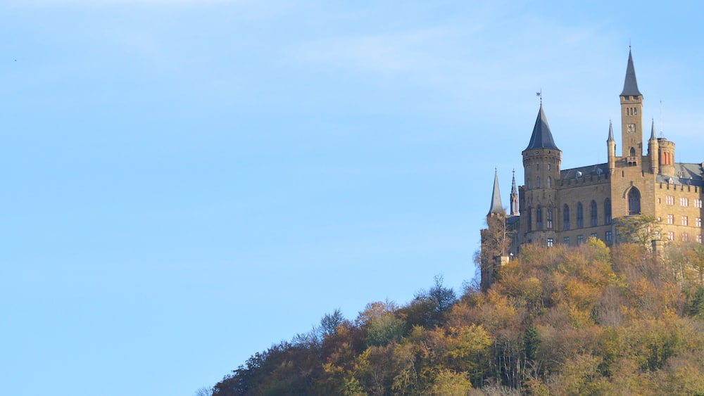 Eine Burg auf einem Hügel, umgeben von Herbstlaub.