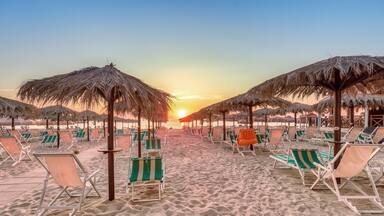 A beach with rows of beach chairs and thatched umbrellas under a sunset sky.