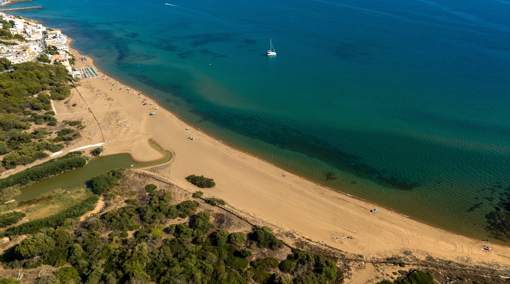 Aerial view of the beach of Selinunte, a hamlet of Castelvetrano, located in the province of Trapani, Sicily, Italy. It is a sandy beach overlooking the clear waters of the Mediterranean Sea.
