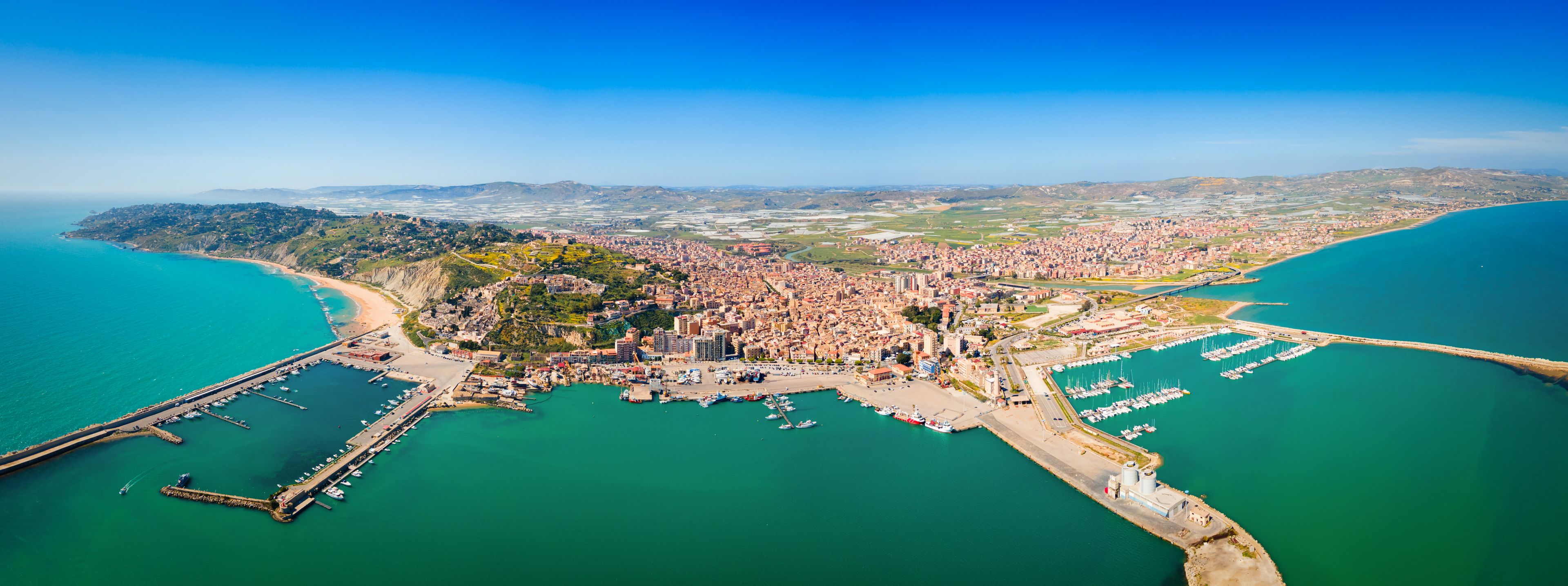 Licata city port aerial panoramic view in Sicily