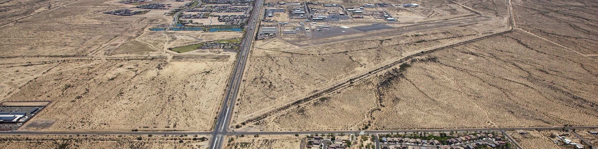 Aerial view of Casa Grande, Arizona with the airport in the foreground