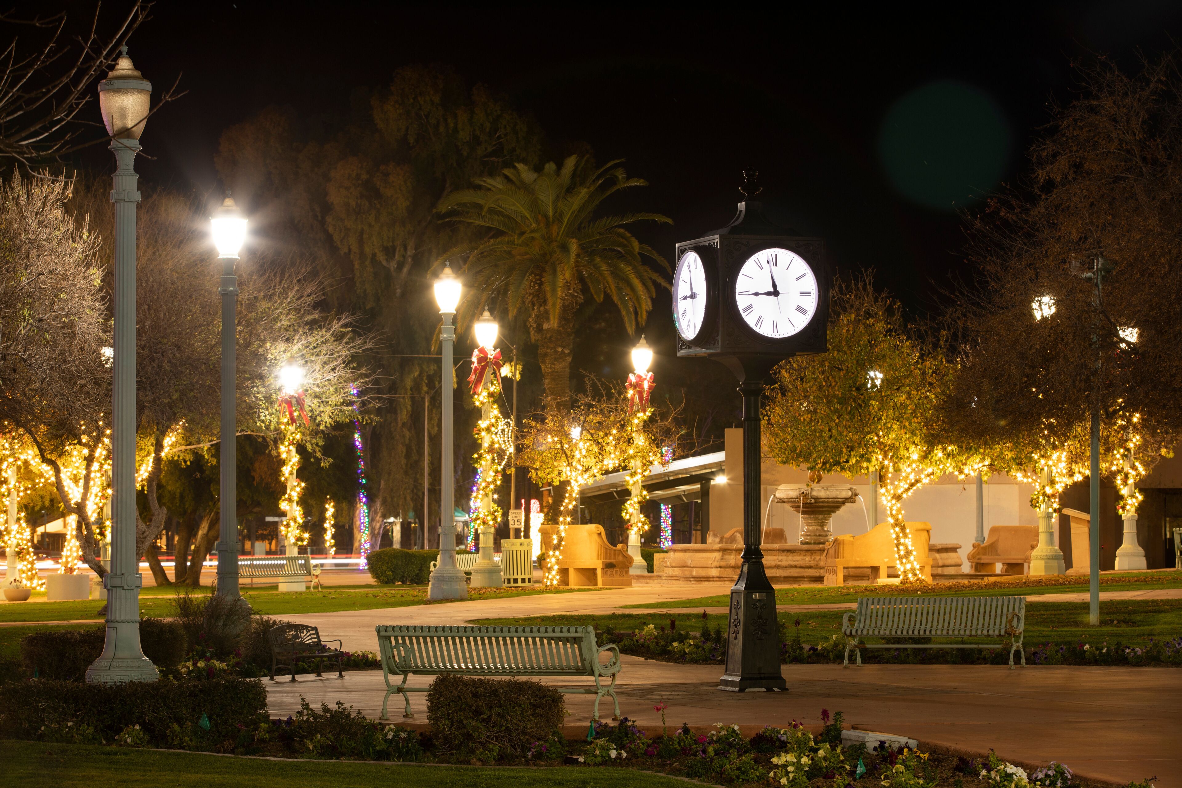 Night time view of the public city hall and plaza civic center of Casa Grande, Arizona, USA.