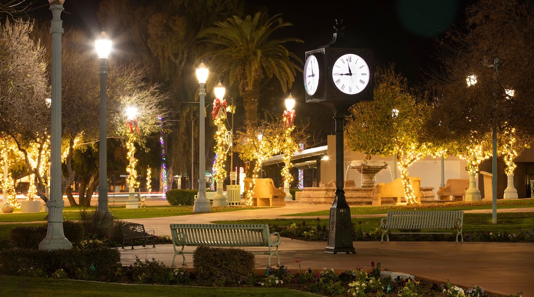 Night time view of the public city hall and plaza civic center of Casa Grande, Arizona, USA.