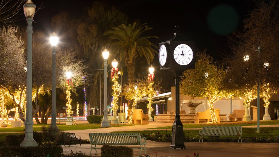 Night time view of the public city hall and plaza civic center of Casa Grande, Arizona, USA.