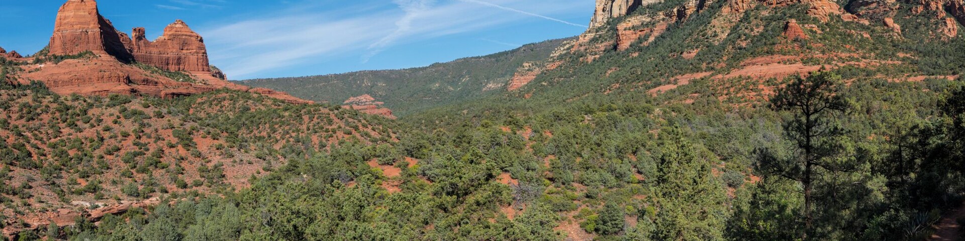 The broad expanse of Damfino Canyon stretches out before you as you begin your trek down the Munds Wagon Trail. This is about a mile into the journey (and, truth be told, was taken on the return trip).
You can see the trail heading off into the shadows to the lower right of the photo.