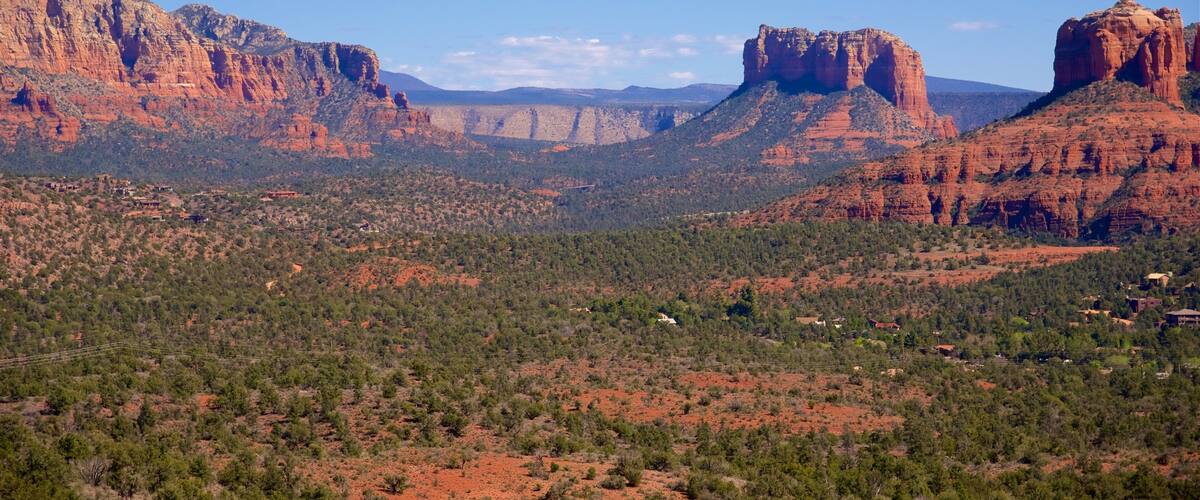 A desert landscape with red rock formations and sparse vegetation.
