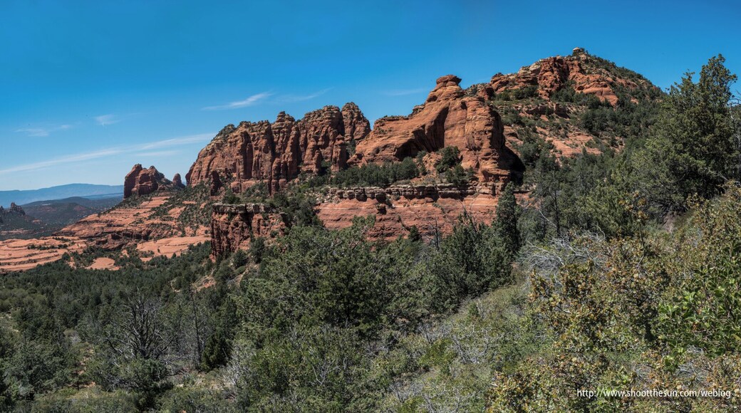 A full shot of the large stand of rocks near the end of Munds Wagon Trail. That's Merry-go-Round Rock to the right, The Cocktail Party in the middle, and the end of the Cow Pie Trail on the far left.
From this view, it's fairly obviously how that trail got its name.