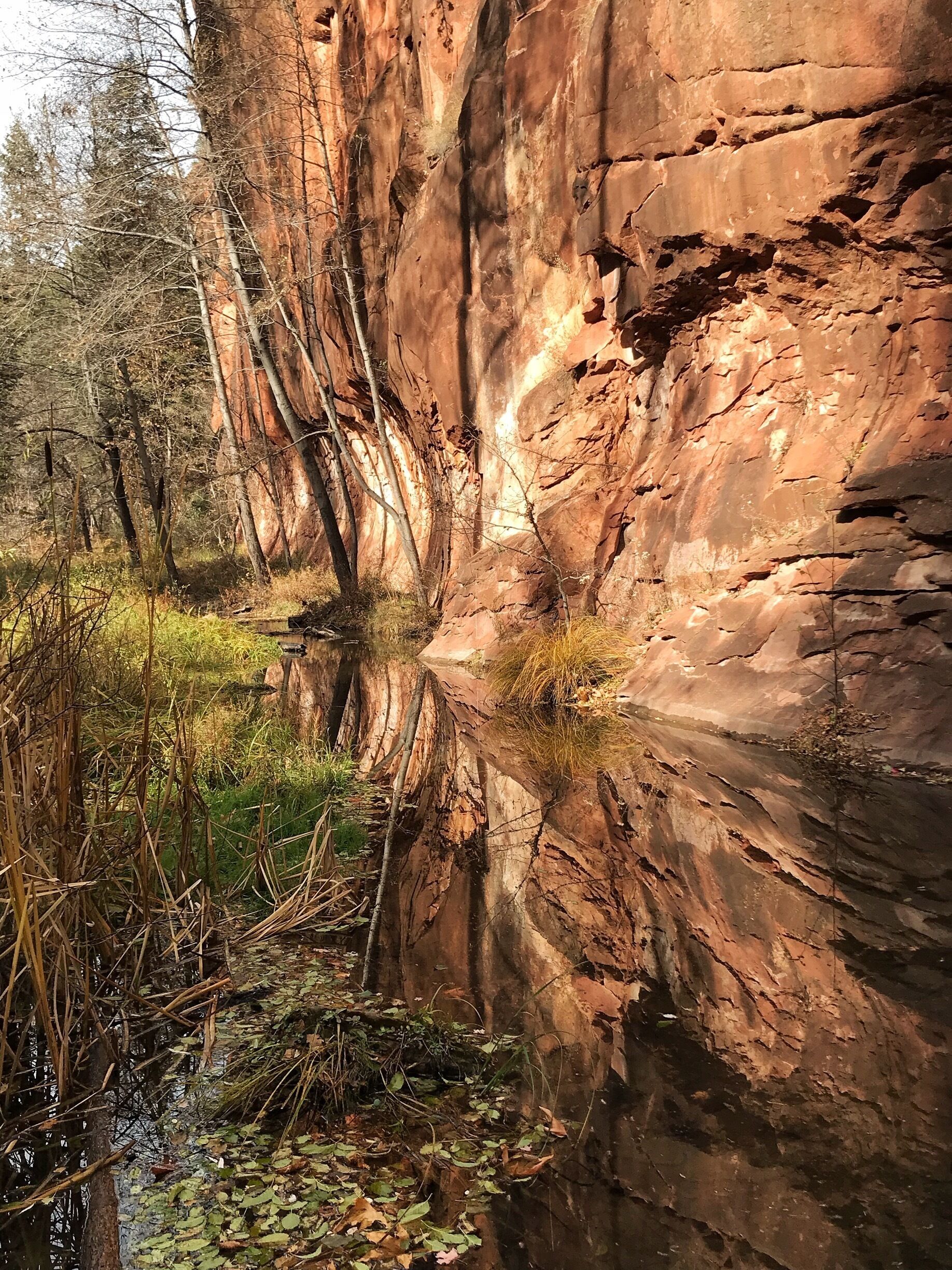 A rocky cliff with a stream reflecting the cliff.