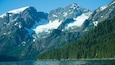 A glacier between rugged mountains and dense forest.