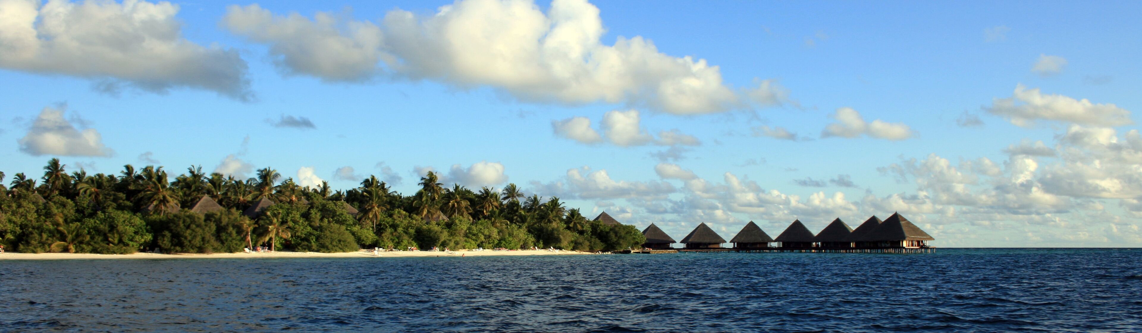 A beach with overwater bungalows and a forested island.