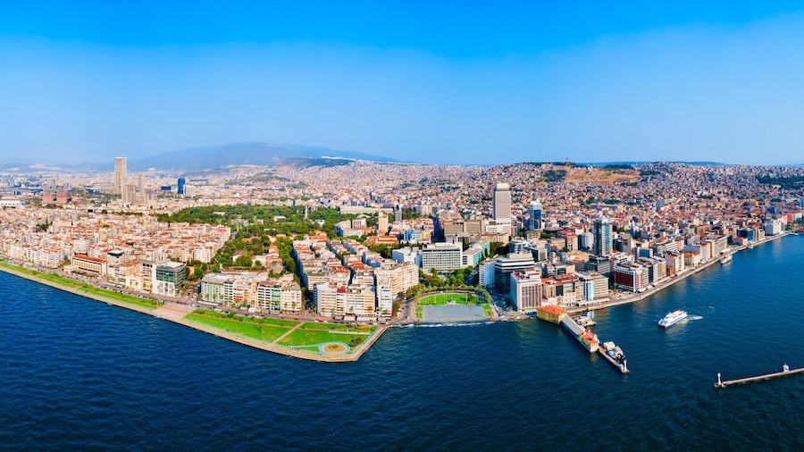 Cumhuriyet square aerial panoramic view in Izmir city in Turkey