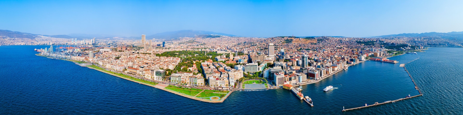 Cumhuriyet square aerial panoramic view in Izmir city in Turkey