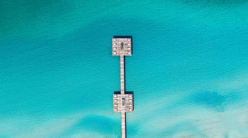 Vista aérea de un muelle de madera que se extiende sobre aguas turquesas, con un pequeño embarcadero al final.