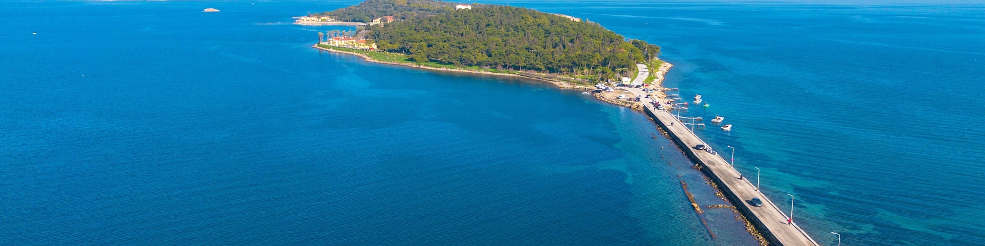 Aerial drone view of Urla district of Izmir, Turkey's third largest city. Iskele - Karantina island - Turkey