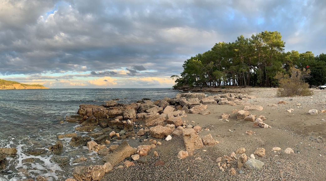 Phaselis Greek and Roman city on the coast of ancient Lycia. Harbour panoramic view. Tekirova, Antalya, Turkey
