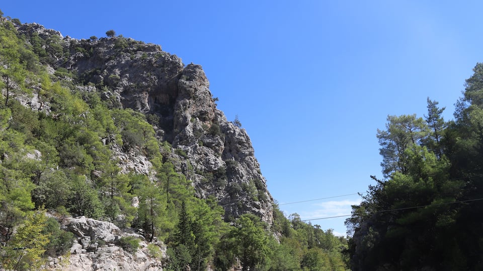 Dramatic limestone mountains in Goynuk canyon, Turkey. Rocky cliffs with pine forests.