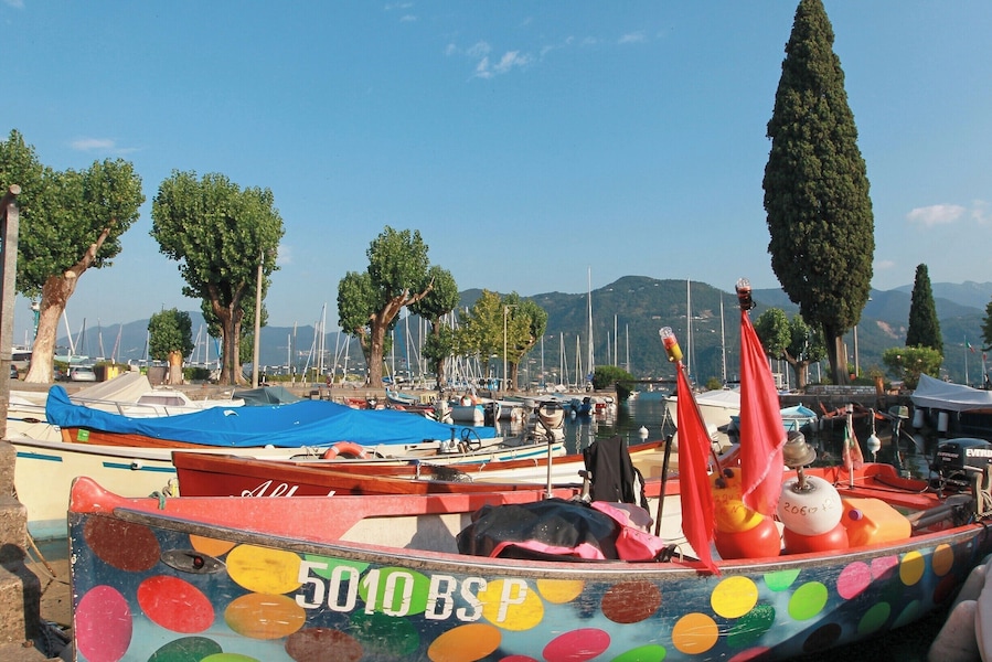 Colourful boats in the port of Portese, Lake Garda, Italy.