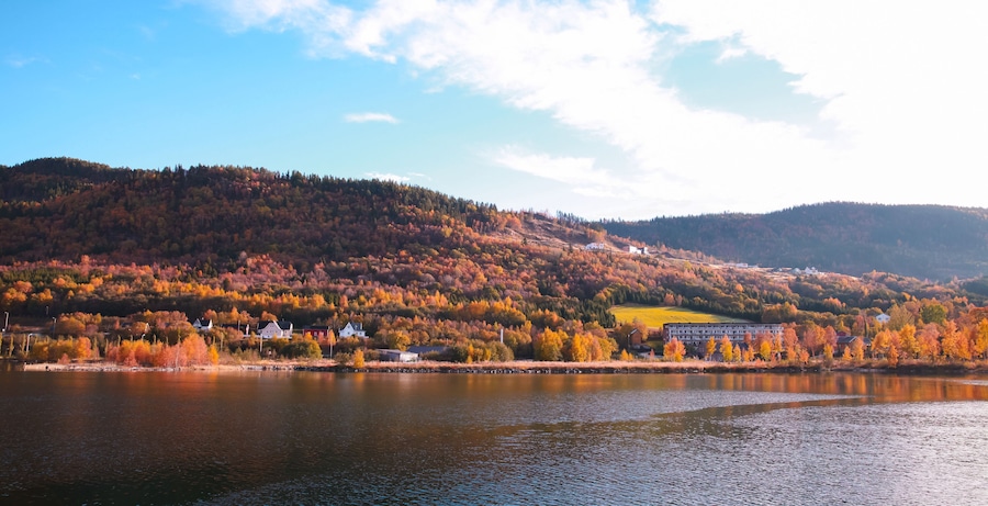 Coastal Norwegian landscape with traditional wooden houses