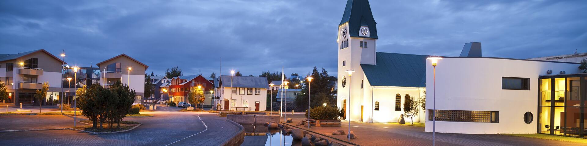 Hafnarfjordur, Iceland. One of the many churches in Reykjavik area during twilight blue hour.