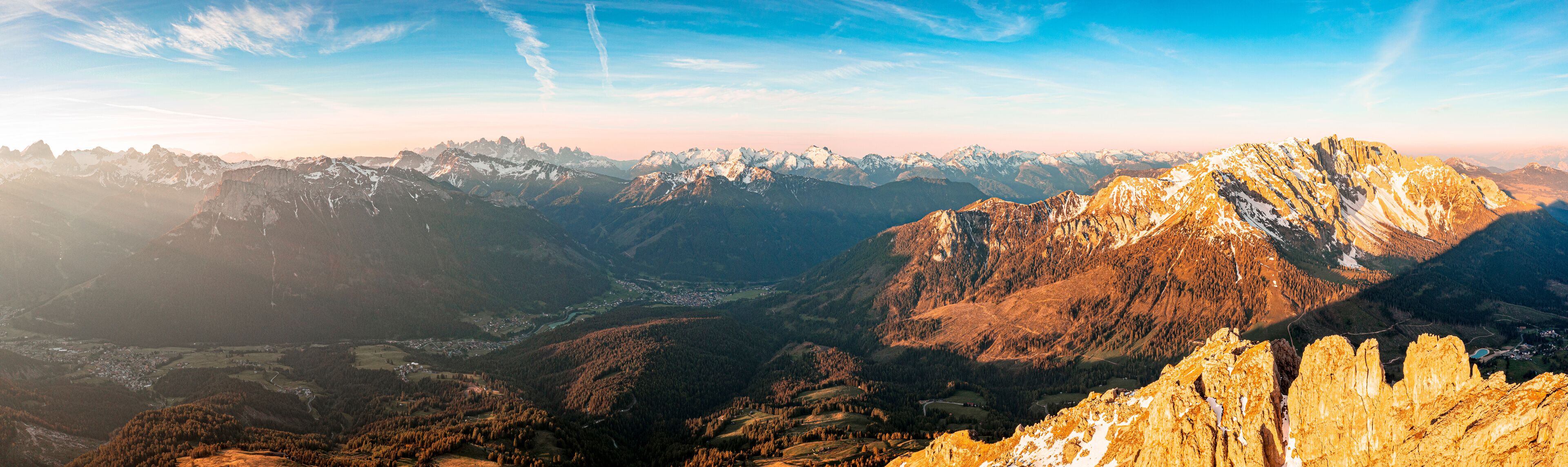 Aerial view of Latemar mountain at sunset, Dolomites