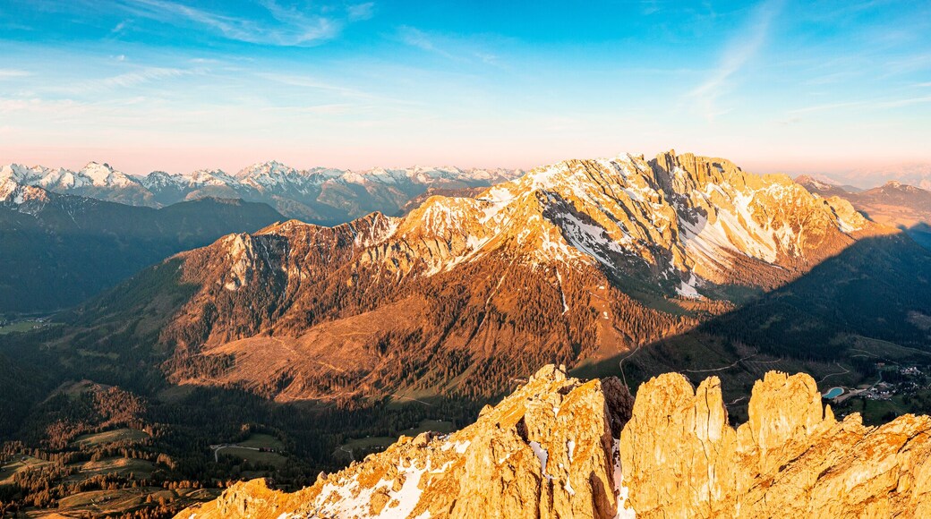 Aerial view of Latemar mountain at sunset, Dolomites