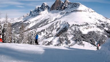 A snow-covered mountain with ski slopes and skiers.