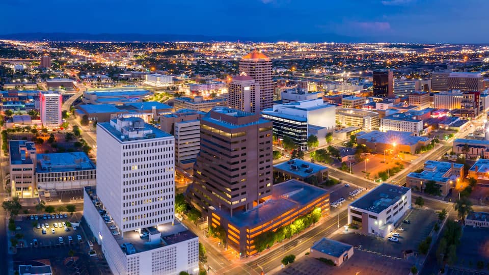 Downtown city skyline of Albuquerque at night, New Mexico, United States of America.