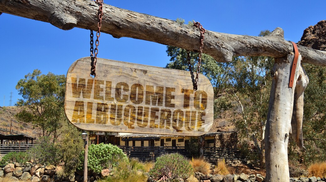 old wood signboard with text " welcome to albuquerque" hanging on a branch