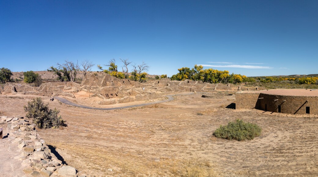 Great Kiva at Aztec Ruins National Monument in New Mexico. Best preserved Chacoan structures including Aztec West great house built by ancestral Pueblo people. Reconstructed kiva, religious site.