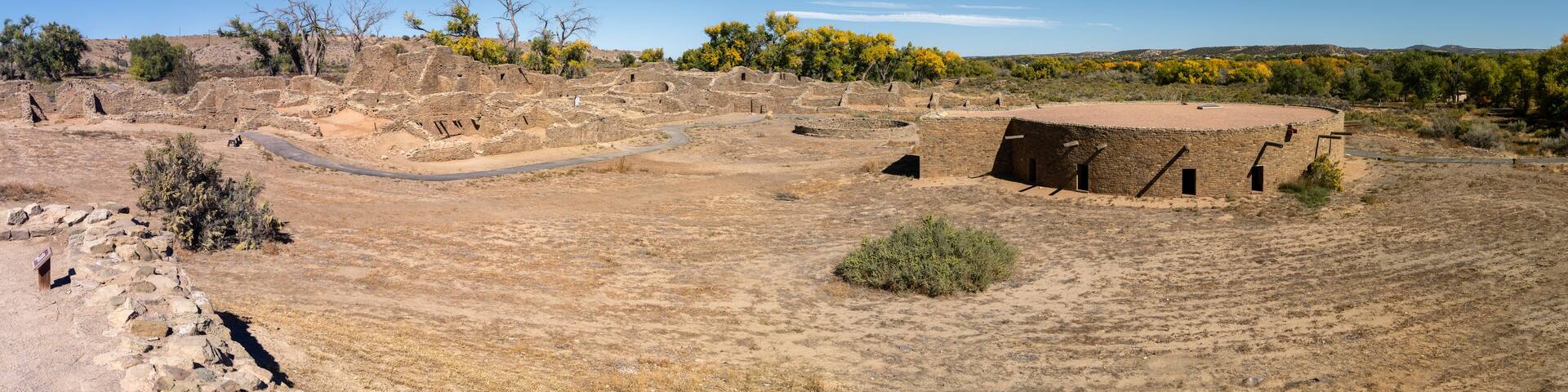Great Kiva at Aztec Ruins National Monument in New Mexico. Best preserved Chacoan structures including Aztec West great house built by ancestral Pueblo people. Reconstructed kiva, religious site.