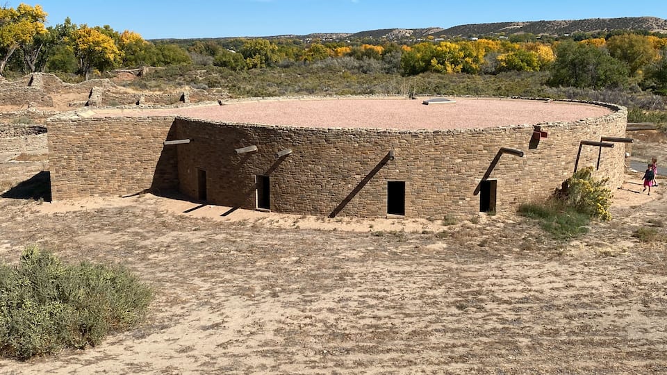 Great Kiva at Aztec Ruins National Monument in New Mexico. Best preserved Chacoan structures including Aztec West great house built by ancestral Pueblo people. Reconstructed kiva, religious site.