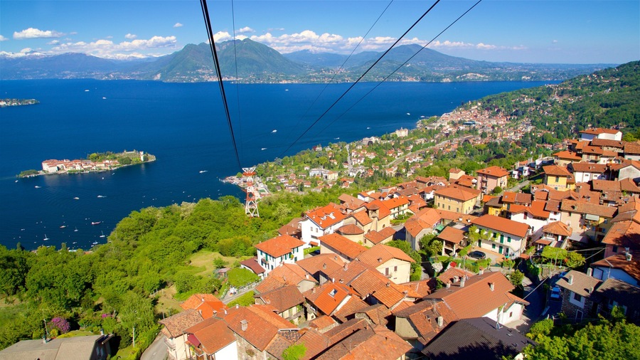 Funivia Stresa-Alpino-Mottarone featuring island images, a coastal town and a gondola