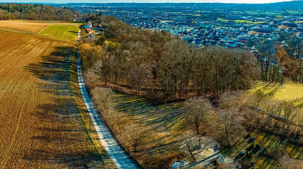 High resolution stitched winter drone panorama captured in flight near a church at Eugenbach, Altdorf, Landshut, Bavaria, Germany