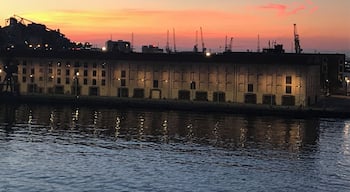 Sailing into dock beautiful sunrise Genoa Italy